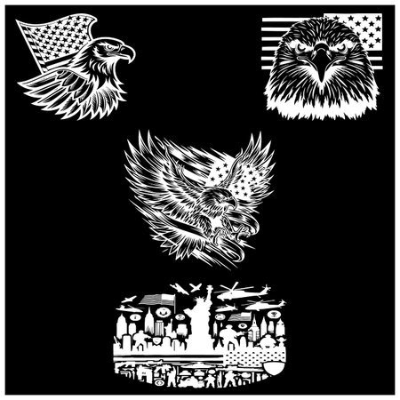 Powerful patriotic symbols featuring soaring eagles with American flags, a fierce eagle head, and a...