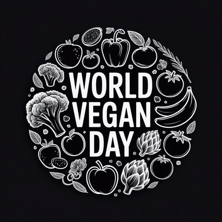 A bold design celebrating veganism with illustrations of vegetables and fruits surrounding the words World Vegan Day, emphasizing health, compassion, and sustainable living.の素材