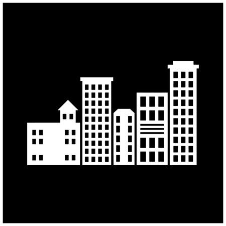 A black background with a white outline of a city skyline featuring various tall buildings, modern structures, and a small house, illustrating urban architecture and city life.のイラスト素材
