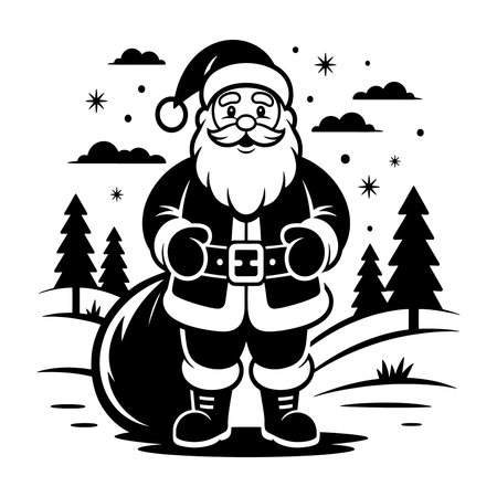 A jolly Santa Claus stands in a snowy forest with a sack of gifts. His iconic hat, beard, and belt are clearly defined in this festive illustration.のイラスト素材