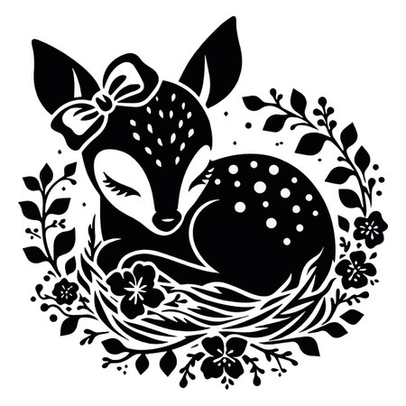 Adorable baby deer with a bow sleeping peacefully in a nest surrounded by flowers and leaves. Perfect for baby shower, nursery, and spring themes.のイラスト素材