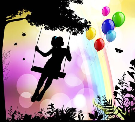 Silhouettes of children playing outside.の写真素材