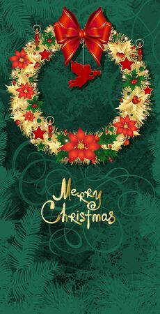 Christmas decorative wreath on a wooden backgroundの写真素材