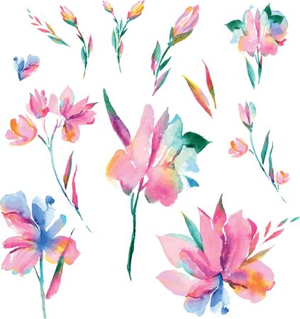  Beautiful watercolor card with peony flowers and orchid flower. Butterflies and plants. Illustration の写真素材