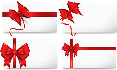 Red realistic bow. Horizontal red ribbon collection. Holiday gift decoration, valentine present tape knot, shiny sale.の写真素材