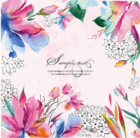  Beautiful watercolor card with peony flowers and orchid flower. Butterflies and plants. Illustration の写真素材