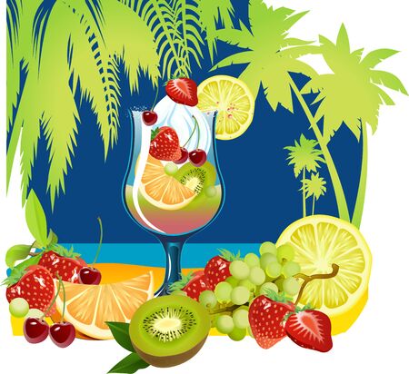  Summer time tropical fruits close up poster with strawberry,  Ñherry, lime, colorful fruits and cocktail background の写真素材