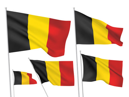 Belgium vector flags set. 5 wavy 3D cloth pennants fluttering on the wind. EPS 8 created using gradient meshes isolated on white backgroundのイラスト素材