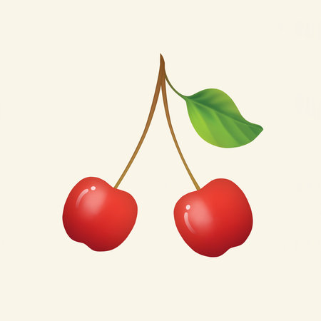 Vector illustration of two simple cherries with leaf isolated on light background. Created using...