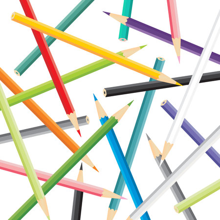 Heap of simple vector color pencils randomly distributed on white backgroundのイラスト素材