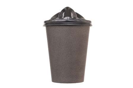 Black cardboard cup for take-away coffee. Unusual cover in the form of female lipsの写真素材