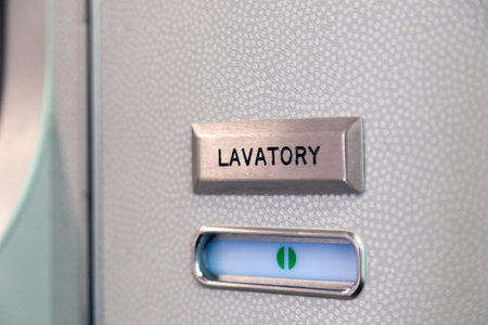 Vacant green sign, vacant symbol on an airplane lavatory door. Raised, brushed metal lavatory sign,...