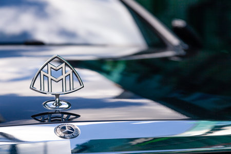 Russia Moscow 2019-06-17 Closeup emblem logo on front of brand Mercedes Maybach S500 dark blue car,...