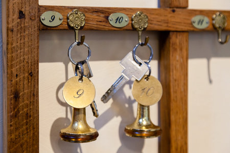 Wooden key holder with brass keychain with numbers 9, 10, 11. Metal hanging hook vintage door key....