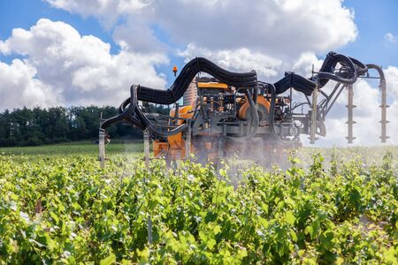 France Chablis 2019-06-21 Orange tractor cultivate field, tractor spraying vineyard with fungicide, sprayer machine, trailed by tractor, sprinkles pesticides among rows of vineyardsのeditorial素材