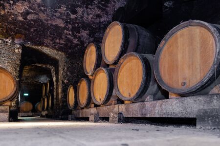 Wooden giant wine oak barrels stacked in rows. Aging, fermentation, store in old wine cellar. Concept sommelier trip, excursion to Bourgogne winery, cask, wine making process, wine lover travelの写真素材