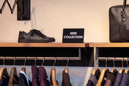 Plate with inscription New collection, clothing racks with colorful male, female clothes on hangers,...