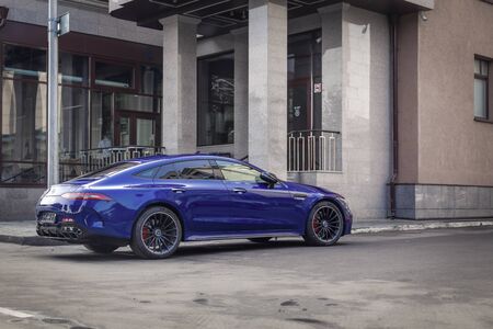 Russia Kemerovo 2019-09-16 blue car Mercedes-AMG GT 63 43 53 4MATIC parked outdoor on street backgroundのeditorial素材