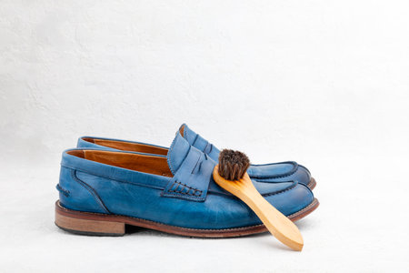 Close-up pair of new leather stylish luxury penny loafers shoes, wooden shoe brush, horizontal, copy space, side view, place for text on white background