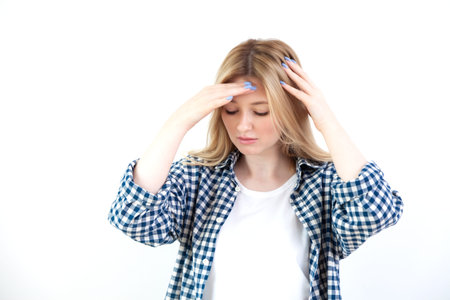 Young beautiful woman emotions in casual clothes on white background