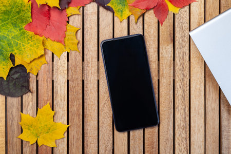 Autumn leaves, blank black smartphone screen on table