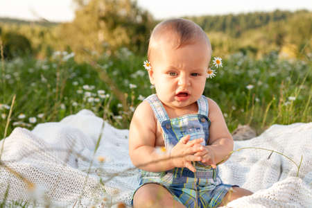 Cute little funny baby child sitting in chamomile fieldの写真素材