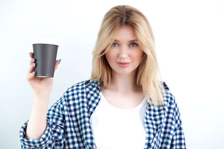Young beautiful woman emotions in casual clothes on white backgroundの写真素材