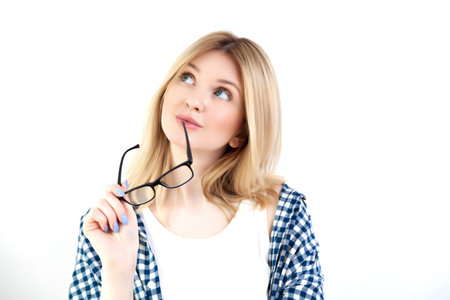 Young beautiful woman emotions in casual clothes on white background
