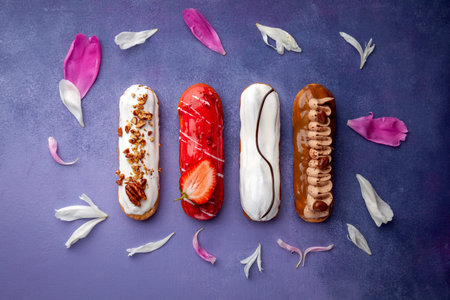 Tasty glazed Ã©clair set on grey