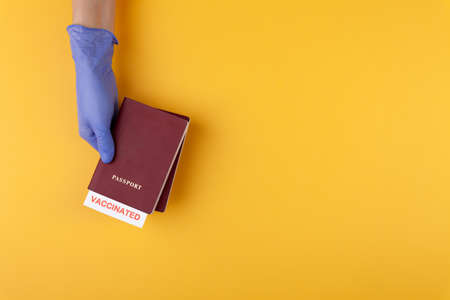 Hand in medical glove holding passport with vaccinated stamp on yellow backgroundの写真素材