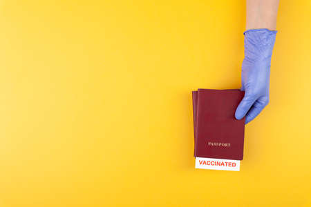 Hand in medical glove holding passport with vaccinated stamp on yellow backgroundの写真素材