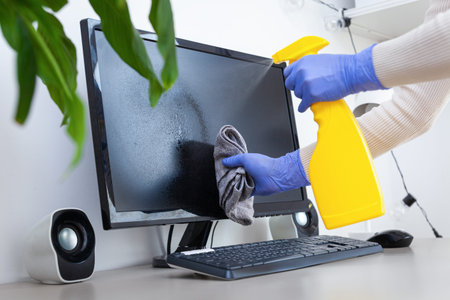Disinfecting computer, antibacterial spray, rag, safe working from home