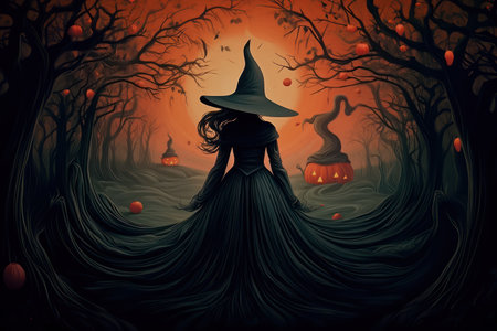 Halloween background with witch and pumpkin ,witch. A hallowen witch background to promote halloween party with pumpkins, bats, lights and ornaments . Generative AIの素材