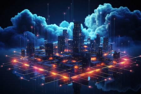 Cloud computing technology concept. Smart city and digital cloud data center.Futuristic big data processing cloud. Generative AIの素材