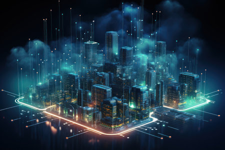 Cloud computing technology concept. Smart city and digital cloud data center.Futuristic big data processing cloud. Generative AIの素材