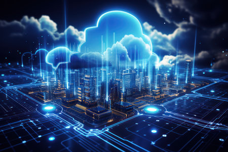 Cloud computing technology concept. Smart city and digital cloud data center.Futuristic big data processing cloud. Generative AIの素材
