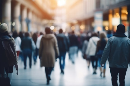 business person Moving crowd motion blurred background. Hand edited generative AI.の素材