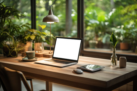 working office desk with blank screen laptop, generative aiの素材