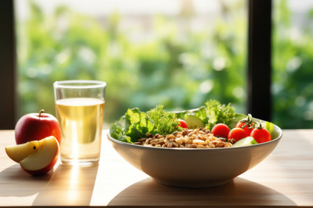 breakfast with croissant, bakery and healthy salad food, coffee and fruit. generative aiの素材