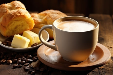 breakfast with croissant, bakery and healthy salad food, coffee and fruit. generative aiの素材
