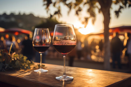 Wine Glass with View of Vineyard at Evening Sunset Photo Wallpaper Generative AIの素材