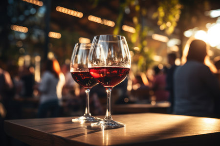 Wine Glass with View of Vineyard at Evening Sunset Photo Wallpaper Generative AIの素材