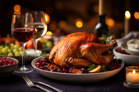 A turkey sitting on a table next to a glasses of wine. Generative AI image.の素材