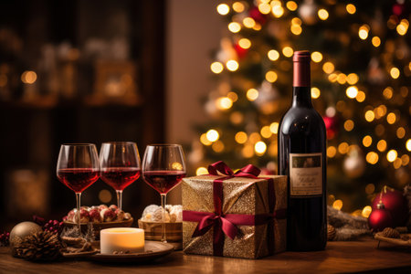 Christmas day, candlelight glass of wine - Generative AIの素材