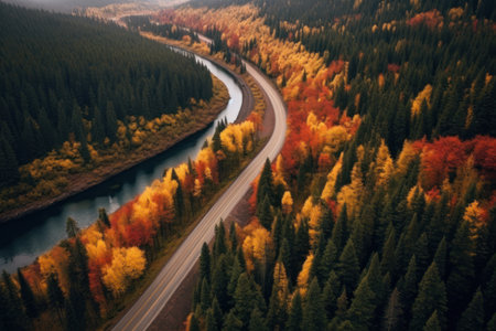 Autumn road trip. Highway in beautiful autumn landscape created with Generative AI technologyの素材