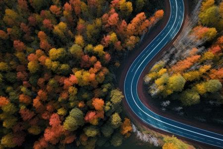Autumn road trip. Highway in beautiful autumn landscape created with Generative AI technologyの素材
