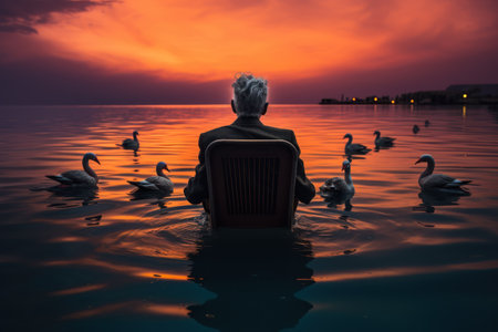 a man sitting on a chair in front of a body of water. Generative AIの素材