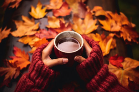 A cup of coffee on a table overlooking an autumn view. Generative AI.の素材