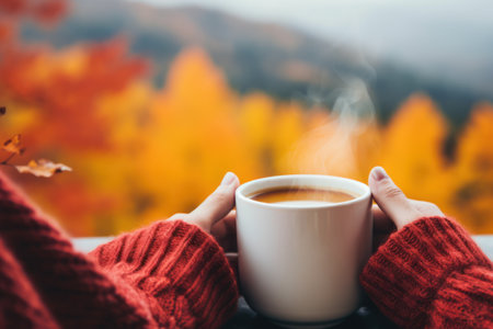 A cup of coffee on a table overlooking an autumn view. Generative AI.の素材