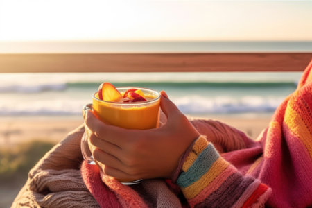 holding smoothie beverage on the beach. Generative AIの素材